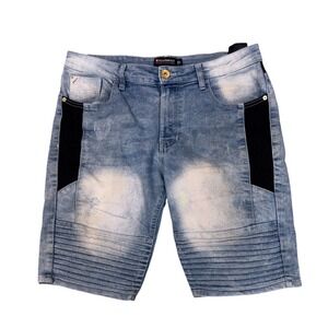 Southpole Slim Fit Acid Wash Moto Jorts 30 Distressed Mesh Inset Denim Shorts‎